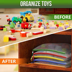 Before-and-after view of loose toy blocks stored in color-coded mesh zipper bags on a shelf