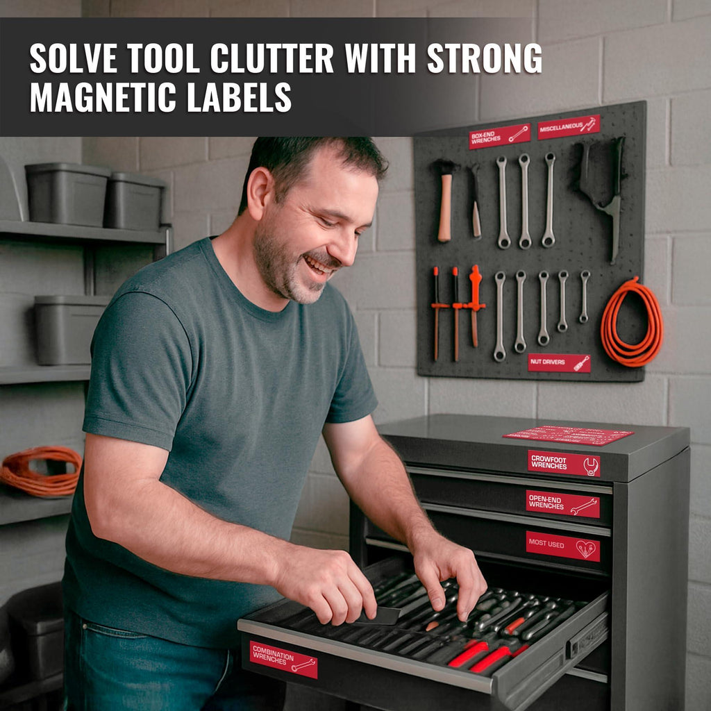 Red magnetic labels on tool chest drawers and a pegboard in a home workshop