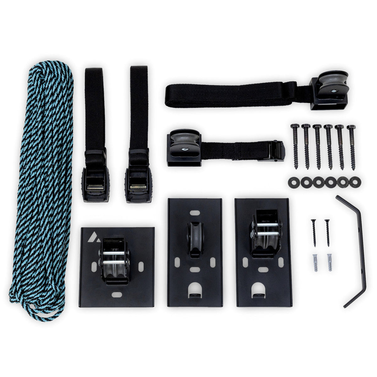 Parts included: rope, lifting straps, ceiling brackets, pulleys and hardware
