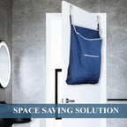 Navy hanging laundry hamper saving floor space in a laundry area