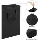Black collapsible hamper feature graphic showing foldable fabric and reinforced PE base