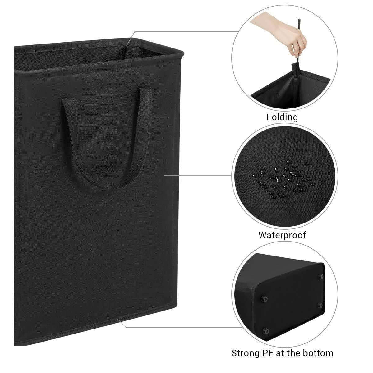 Black collapsible hamper feature graphic showing foldable fabric and reinforced PE base