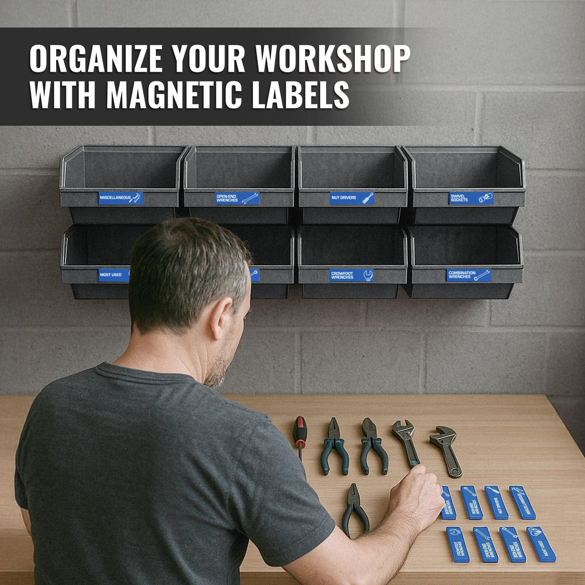Blue magnetic labels identifying wall-mounted workshop storage bins