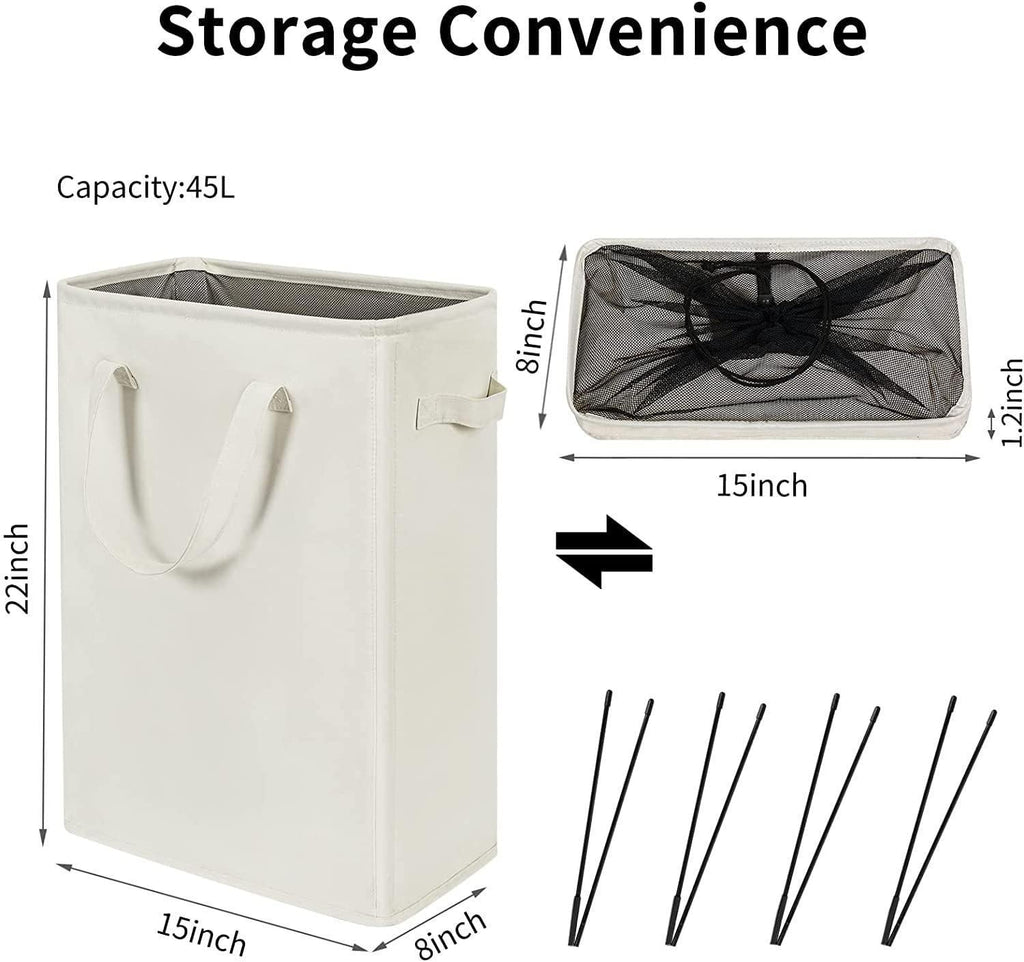 Beige hamper measuring 15 x 8 x 22 inches, with collapsed size and support rods