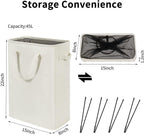 Beige hamper measuring 15 x 8 x 22 inches, with collapsed size and support rods