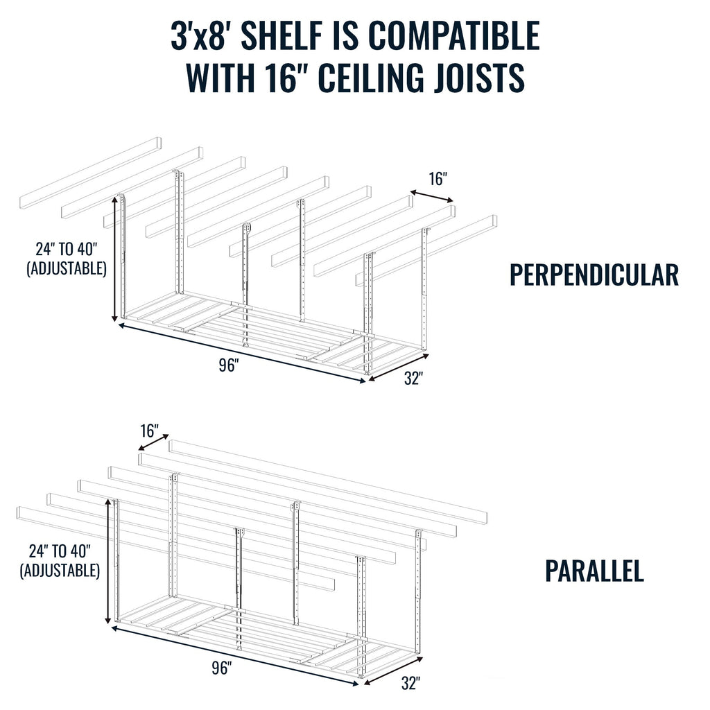 Diagram: the 3 x 8 ft shelf fits 16-inch ceiling joists, mounted perpendicular or parallel, with adjustable drop