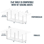Diagram: the 3 x 8 ft shelf fits 16-inch ceiling joists, mounted perpendicular or parallel, with adjustable drop