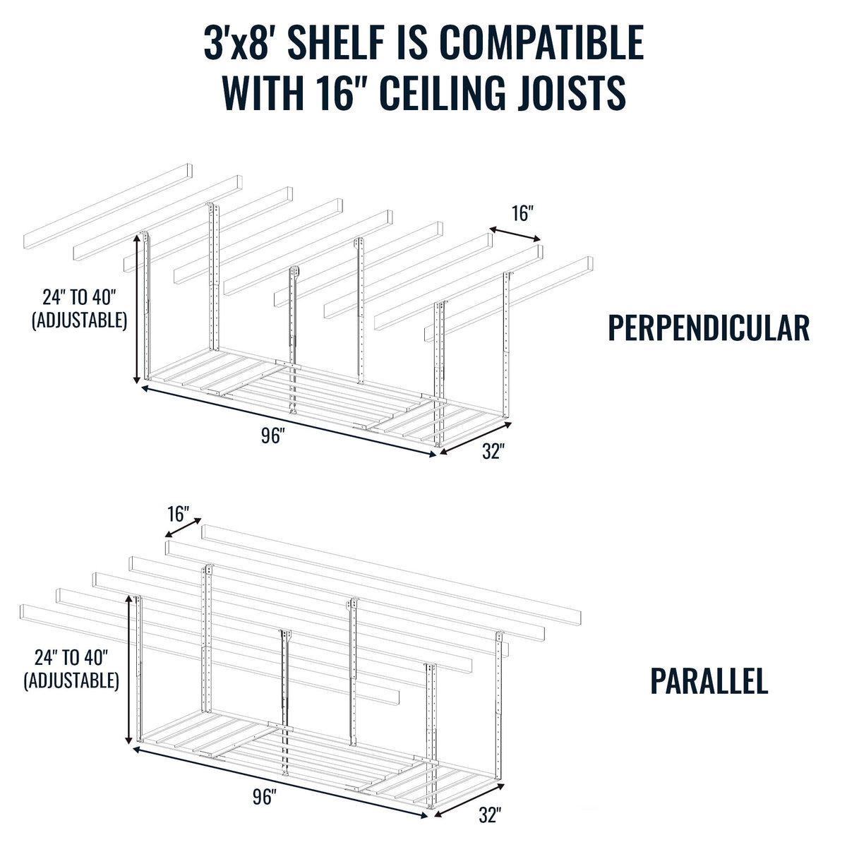 Diagram: the 3 x 8 ft shelf fits 16-inch ceiling joists, mounted perpendicular or parallel, with adjustable drop