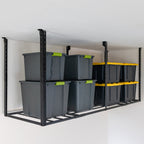 Black 3 x 8 ft overhead ceiling rack holding gray storage bins