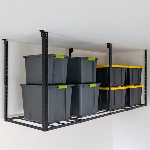 Black 3 x 8 ft overhead ceiling rack holding gray storage bins