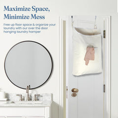 Beige hanging laundry hamper installed behind a bathroom door