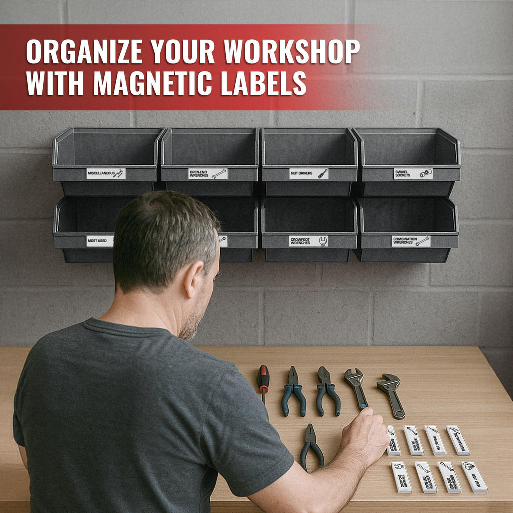 Workshop wall bins and hand tools being sorted with magnetic tool category labels