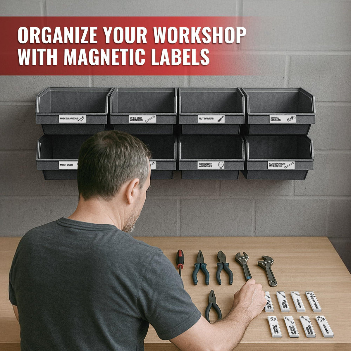 Workshop wall bins and hand tools being sorted with magnetic tool category labels