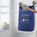 Wide opening and high back of a printed navy hanging laundry hamper