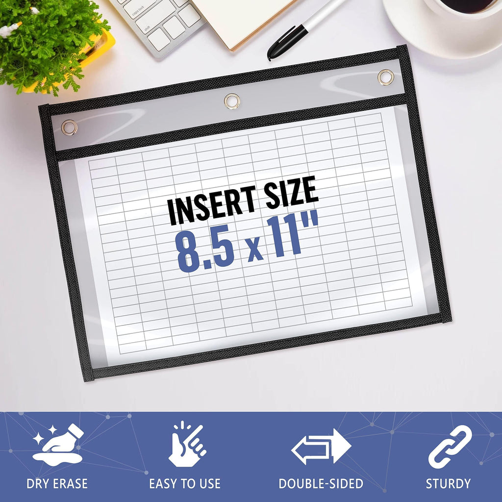 Letter-size document sleeve beside a feature graphic for dry-erase and double-sided use