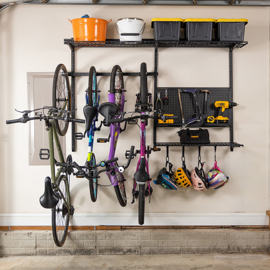 G-Storage Pro wall system with bikes, pegboard, bins and helmets