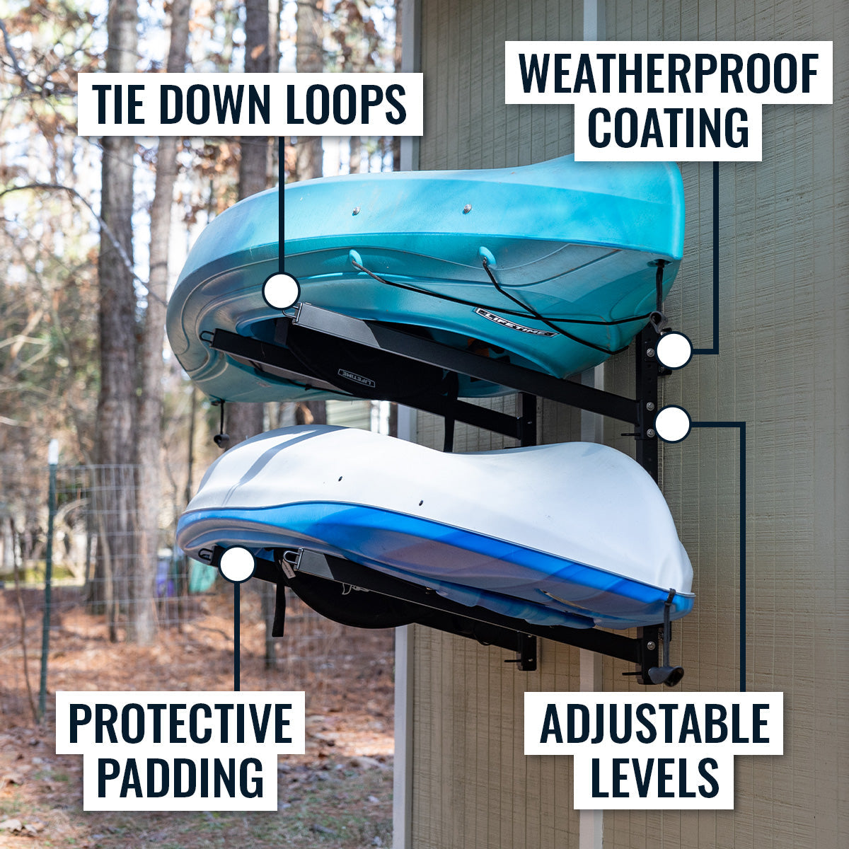 Shenandoah rack features: tie-down loops, weatherproof coating, protective padding, adjustable levels