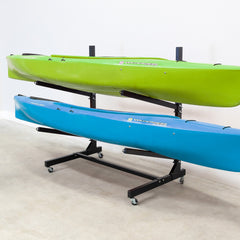 Two kayaks on the black 2-level rolling kayak rack