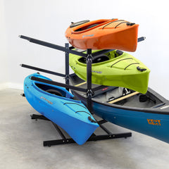 Three kayaks stored on the double-sided 6-level freestanding rack