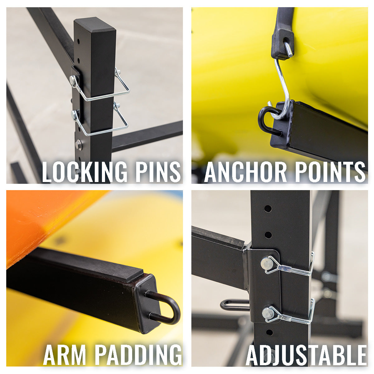 G-Watersport rack features: locking pins, anchor points, arm padding, adjustable arms