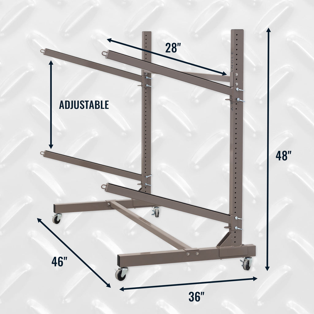2-level rolling kayak rack dimensions: 48 in tall, 46 in long, 36 in wide, 28 in arms, adjustable