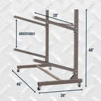2-level rolling kayak rack dimensions: 48 in tall, 46 in long, 36 in wide, 28 in arms, adjustable