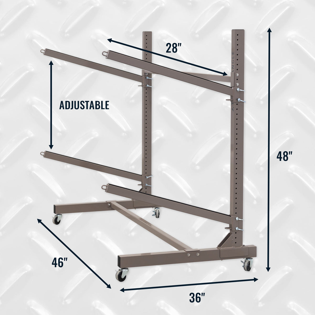 2-level rolling kayak rack dimensions: 48 in tall, 46 in long, 36 in wide, 28 in arms, adjustable