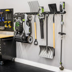 64-inch wall organizer holding a lawn mower, rake, leaf blower, shovel and trimmer