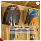 Garden tool hooks holding shovels, with installation steps