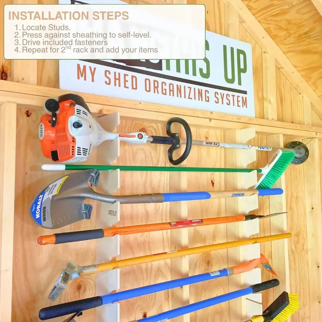 Garden tool organizer rack in a shed, with installation steps
