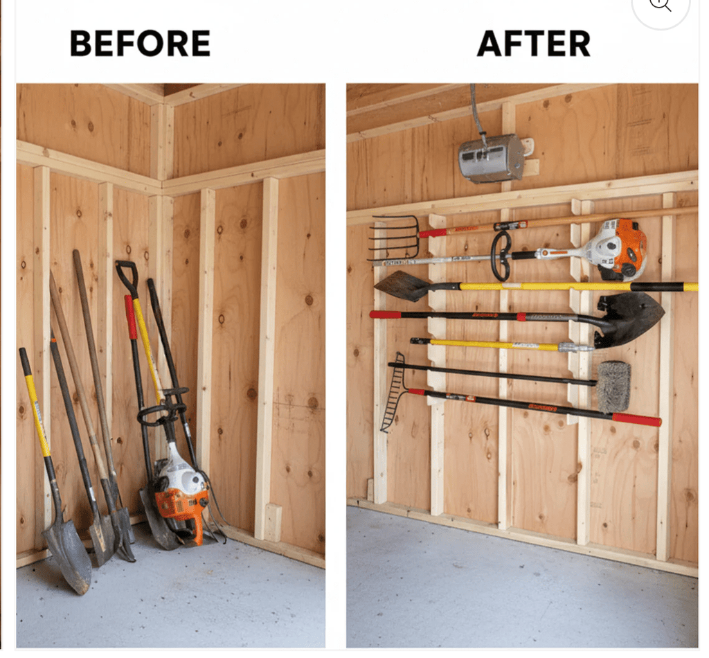 Shed before and after installing the garden tool organizer rack