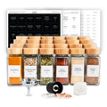 24 square glass spice jars with bamboo lids, labels, funnel, grinder and sifter lid