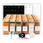 24 square glass spice jars with bamboo lids, labels, funnel, grinder and sifter lid