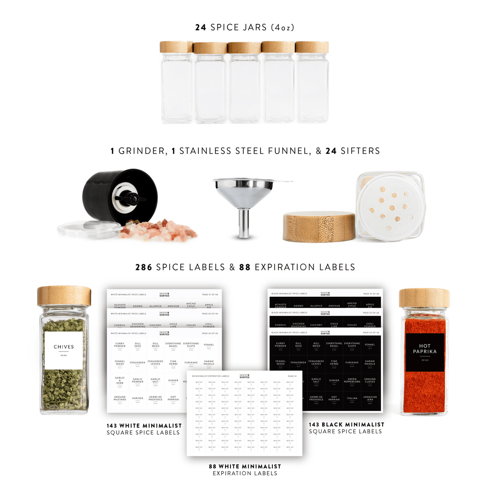 What's included: 24 jars, grinder, funnel, 24 sifters, 286 spice labels and 88 expiration labels