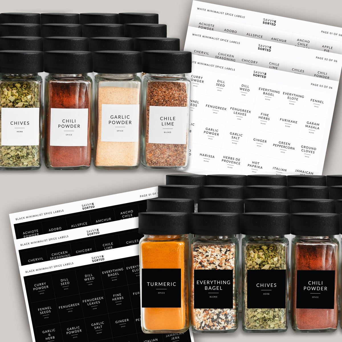 Black-lid spice jars with white and black spice label sheets