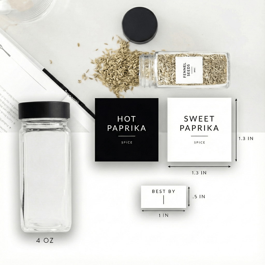 Jar and label sizes: 4 oz jar, 1.3 x 1.3 in spice labels, 1 x 0.5 in best-by label