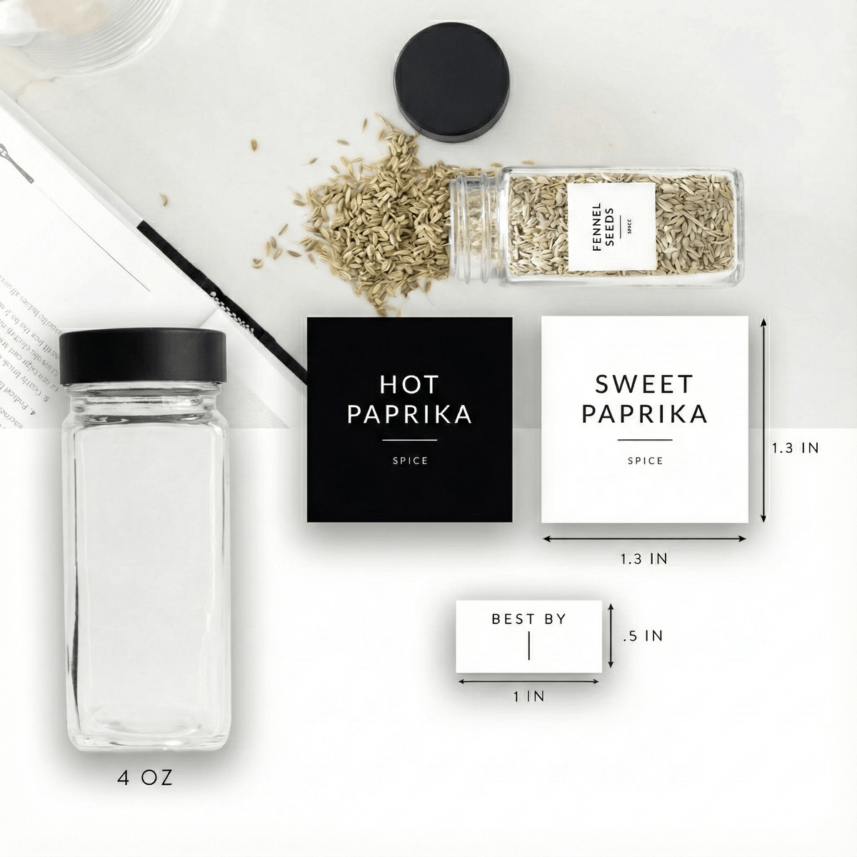 Jar and label sizes: 4 oz jar, 1.3 x 1.3 in spice labels, 1 x 0.5 in best-by label