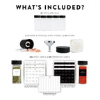 What's included: 24 jars, grinder, funnel, 24 sifters, 286 spice labels and 88 expiration labels