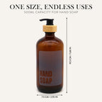 Hand soap bottle size: 7.68 in tall, 2.95 in wide, 500 ml