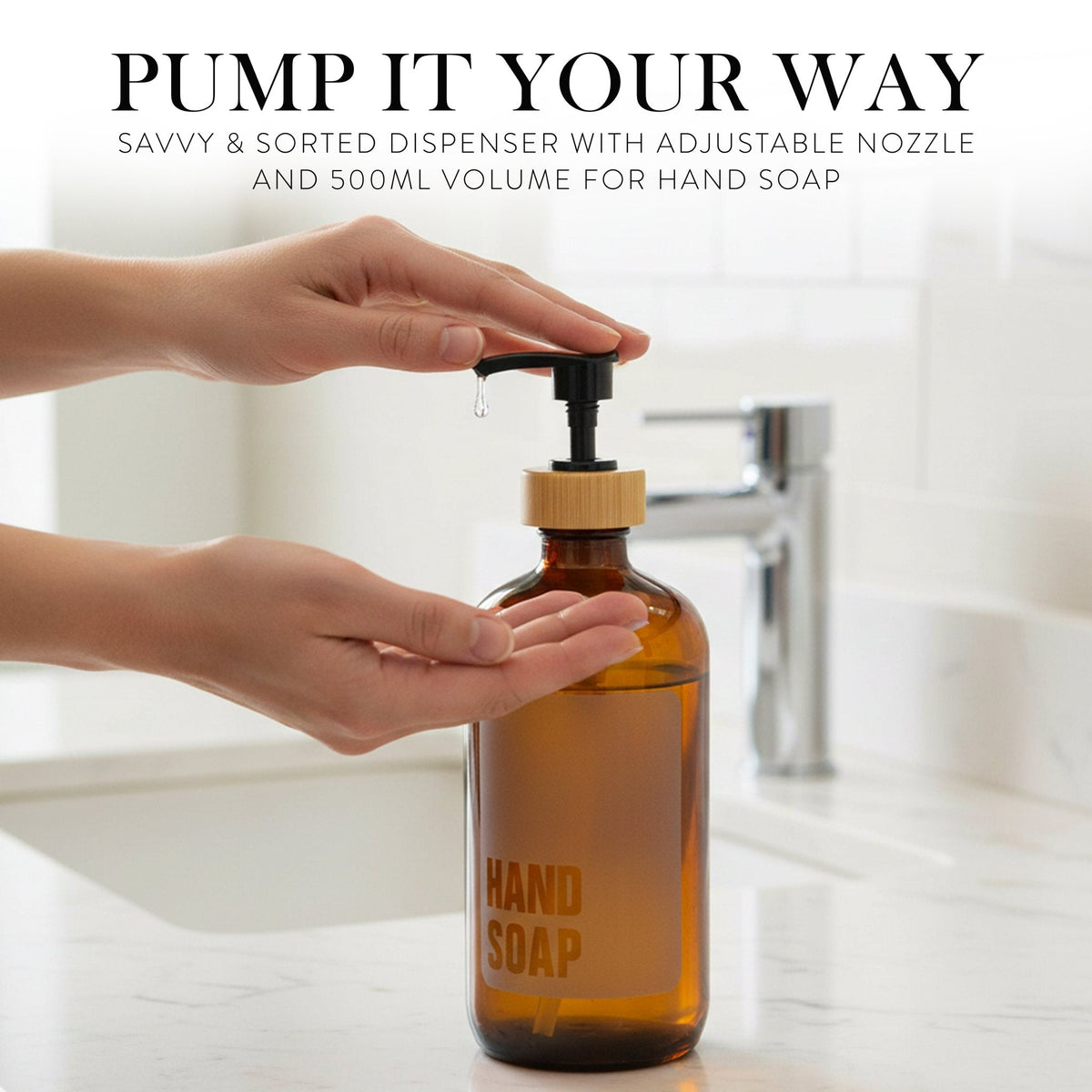 Hand using the pump on the amber hand soap bottle