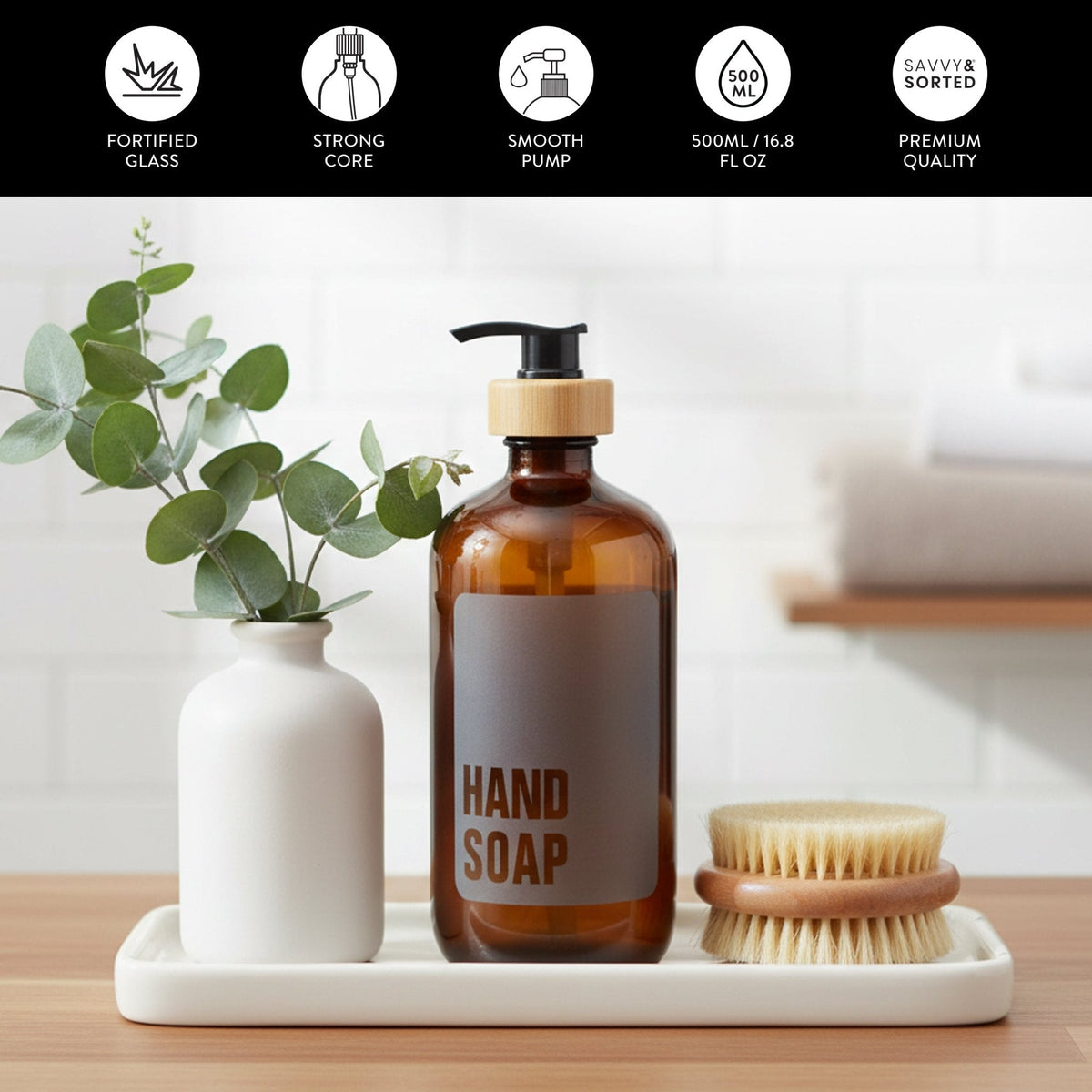 Amber hand soap bottle on a tray; fortified glass, smooth pump, 500 ml