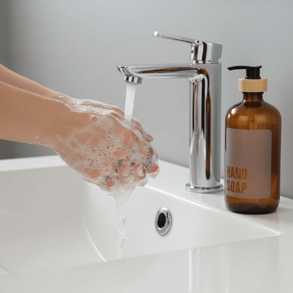 Washing hands at a sink next to the amber hand soap bottle