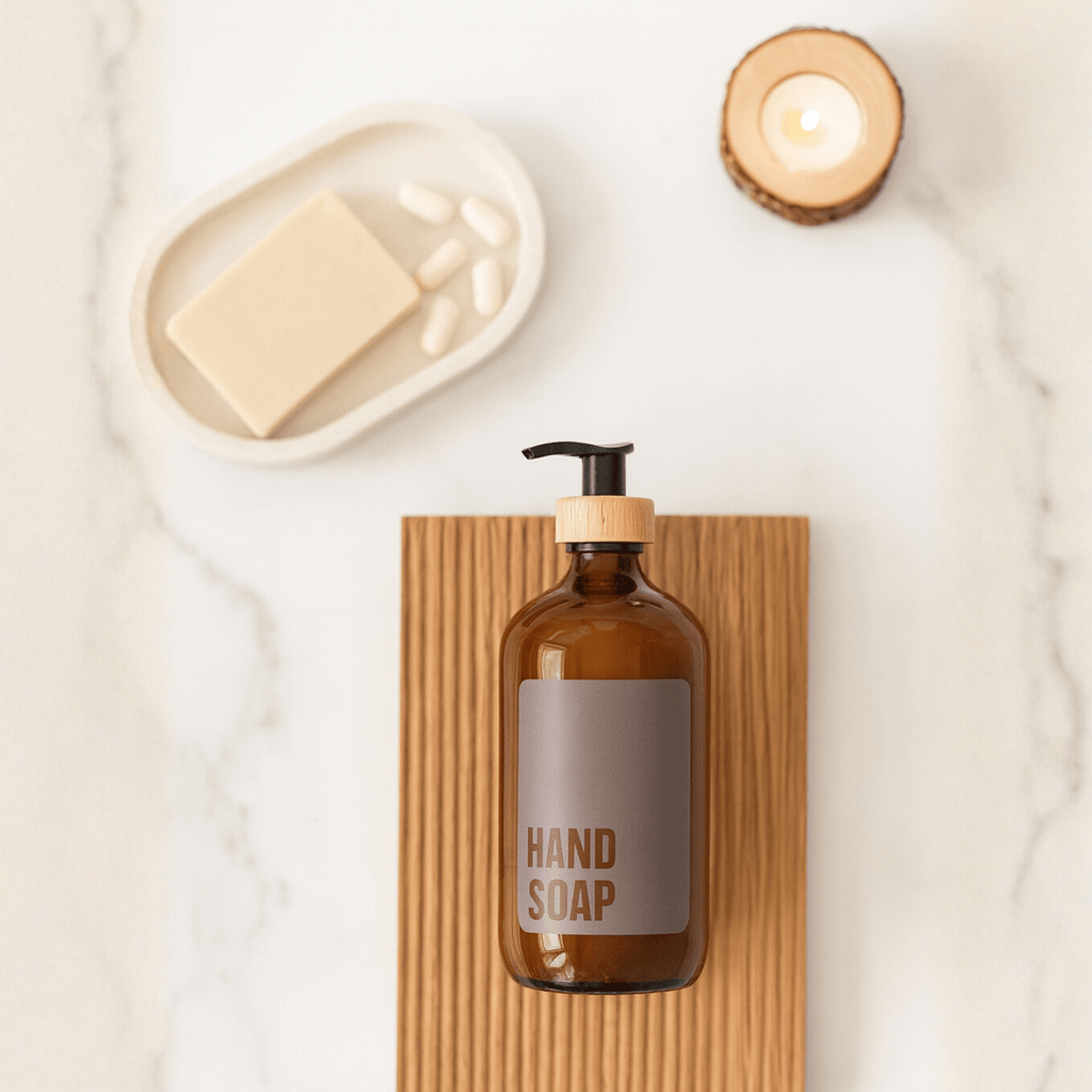 Amber hand soap bottle on a wooden board on marble