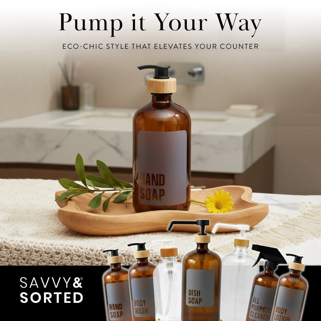 Amber hand soap bottle on a vanity with other amber pump bottles