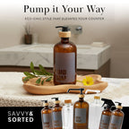 Amber hand soap bottle on a vanity with other amber pump bottles
