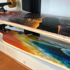 Close-up of longboard decks resting on the skateboard organizer