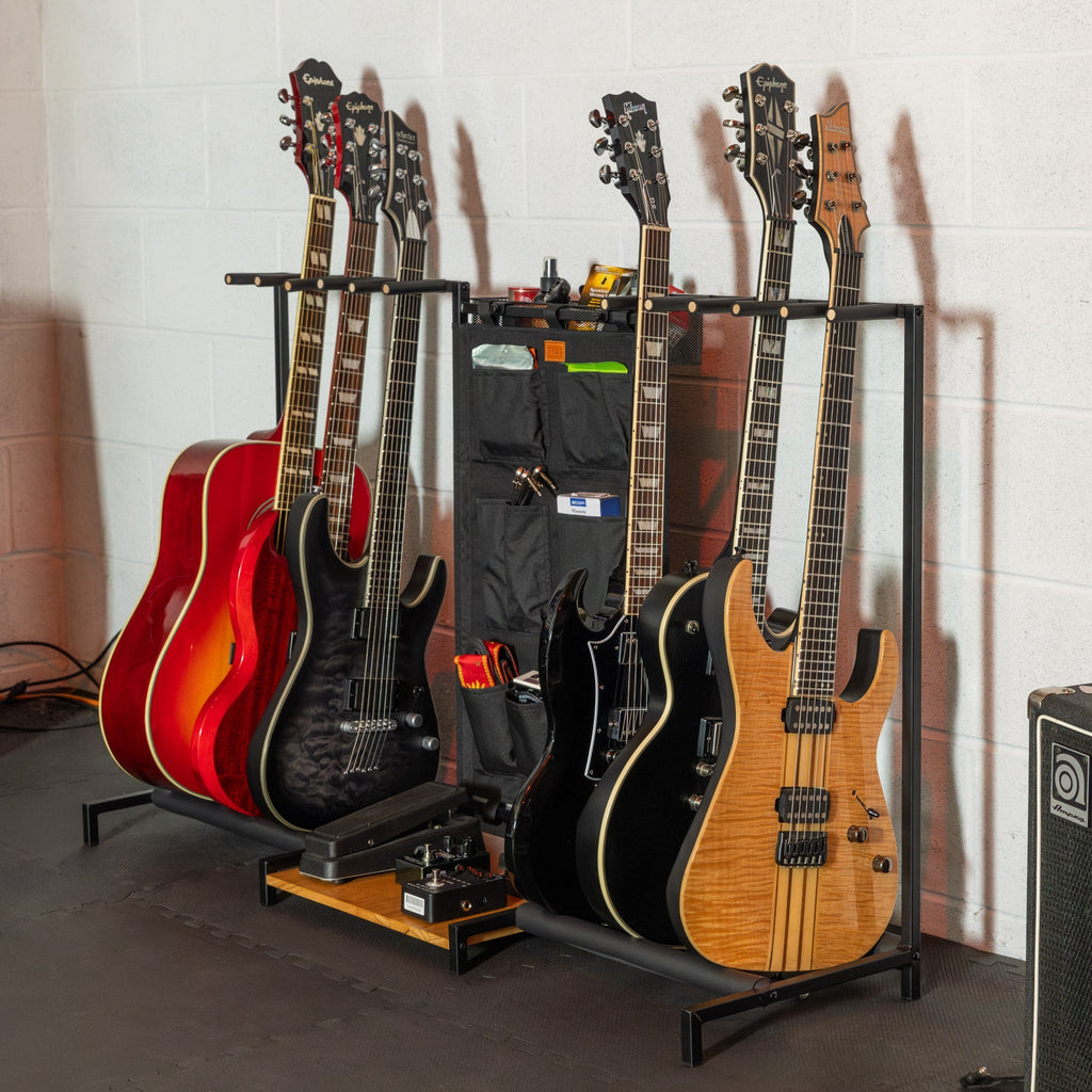 Headliner 10-slot guitar rack holding electric and acoustic guitars