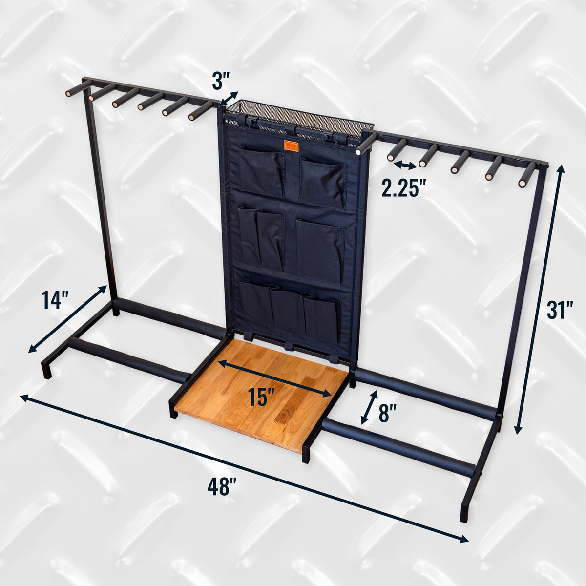 Headliner guitar rack dimensions: 48 in wide, 31 in tall, 14 in deep, 2.25 in slots
