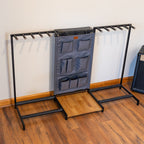 Empty gray Headliner guitar rack with storage pouch and pedal board