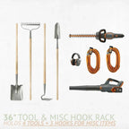 36-inch tool and hook rack holds 4 tools plus 3 hooks for other items